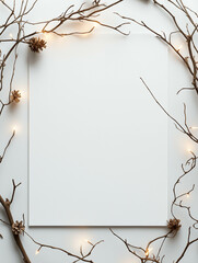 Christmas Flatlay Mockup with Twigs, Pinecones, and Lights on White Background