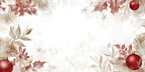 Elegant Christmas Banner with Red Ornaments and Festive Foliage on White Background