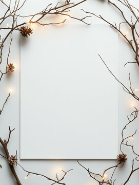 Christmas Flatlay Mockup with Twigs, Pinecones, and Lights on White Background