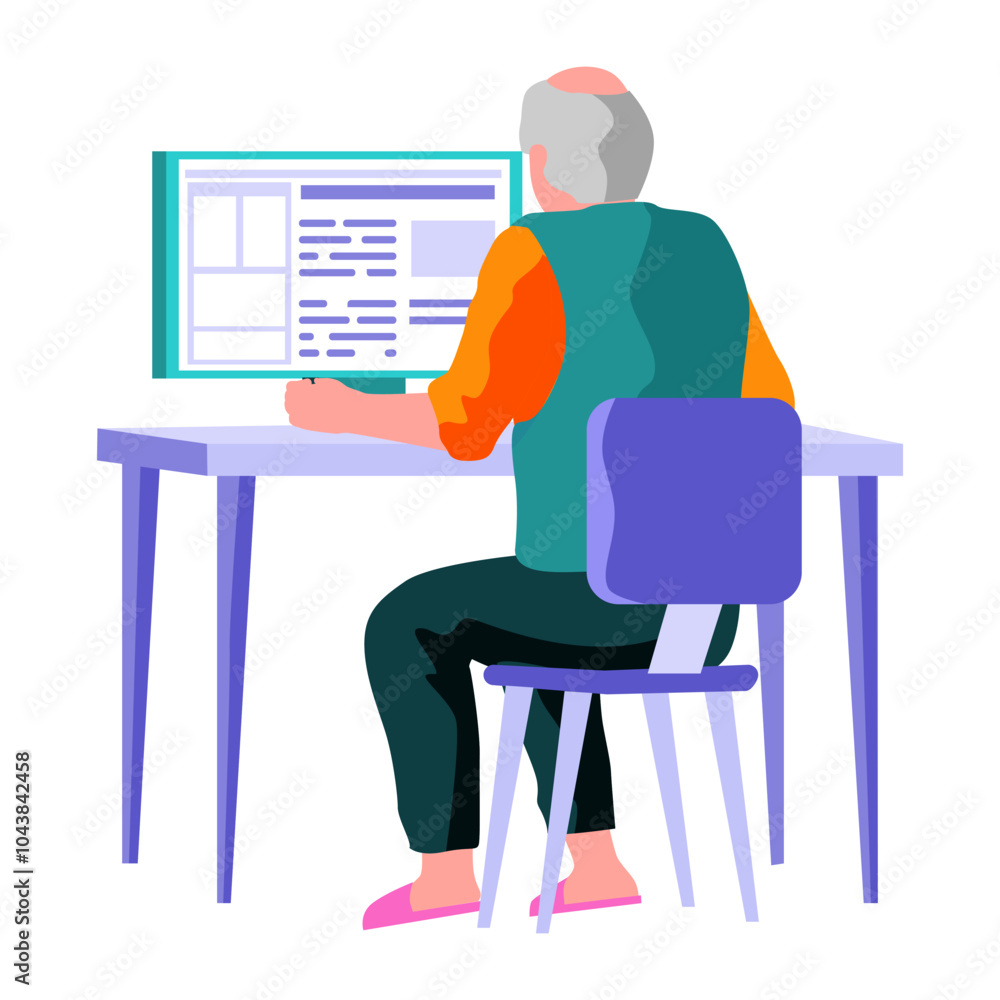 Poster old man looking for information and surfing internet. person tries to use computer. complete old peo