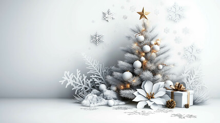Elegant White Christmas Tree with Gold Accents and Snowflake Decorations - Blank space for text