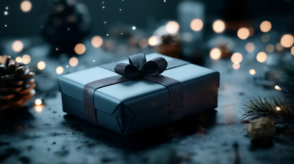 Elegant Gift Box with Black Ribbon in a Festive Holiday Setting