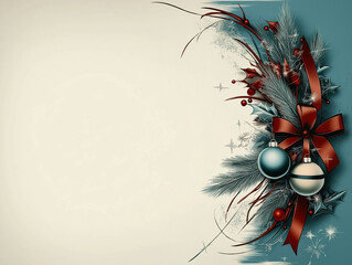 Vintage Christmas Banner with Red Bow, Ornaments, and Evergreen Branches