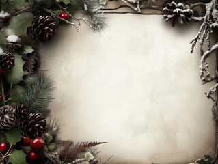 Snow-Dusted Vintage Christmas Banner with Pinecones, Red Berries, and Evergreen Branches