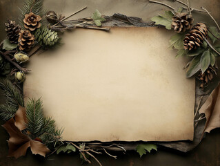 Vintage Christmas Banner with Pinecones, Evergreen, and Oak Leaves on Antique Paper Background