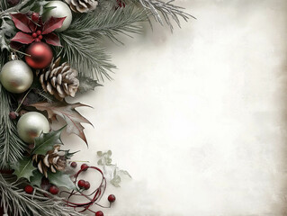 Vintage Christmas Banner with Pinecones, Evergreen Branches, Red and Silver Ornaments on Textured Background