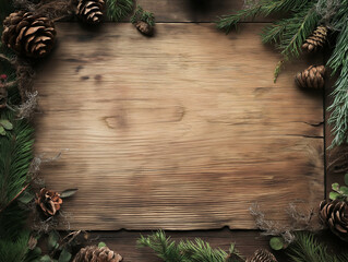 Rustic Wood Background with Pinecones and Evergreen Branches - Christmas or Winter Frame