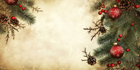 Vintage Christmas Background with Pine Branches, Red Ornaments, and Pinecones