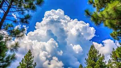 Obraz premium Puffy white clouds in blue sky seen from under pine trees High Angle