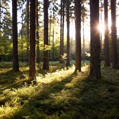 Obraz premium medium shot of a tranquil forest clearing bathed in soft evening light. The photo captures the delicate details of the forest floor, small plants, and sunlight filtering through the tall trees