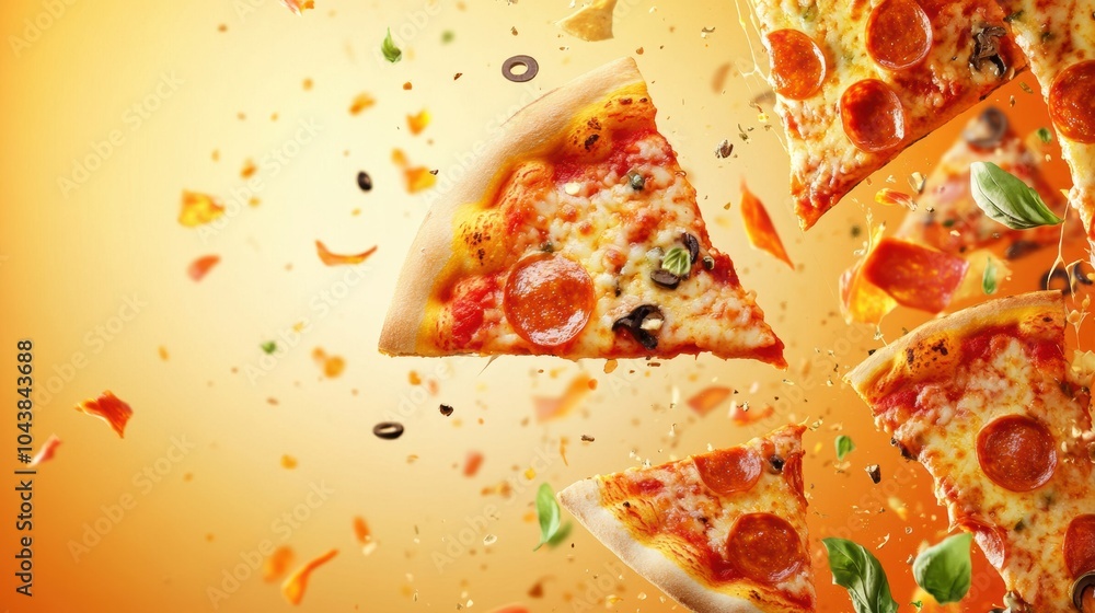 Poster slices of pizza soar diagonally across a warm background, celebrating pizza's joyous appeal and leav