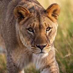 Obraz premium A macro photo of a lioness stalking through tall grass, deep focus on the tension in its muscles and its focused eyes, high-angle shot capturing its full body in mid-step, demonstrating the grace and