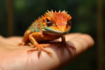 Obraz premium lizard sitting on a human hand, gecko lizard