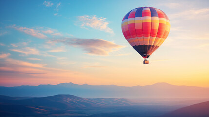 Obraz premium Colorful hot air balloon soaring in the sky at sunset with mountains in the background, representing adventure, serenity, and freedom