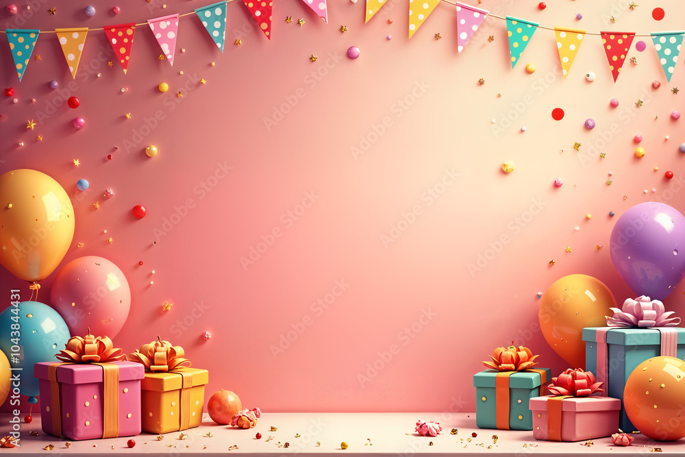 Canvas Prints holiday illustration. festive scene with a pink wall adorned with colorful balloons and confetti, an