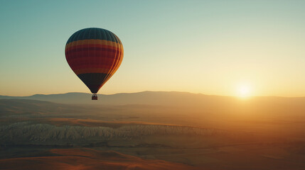 Fototapeta premium Hot air balloon floating at sunrise over scenic landscape, representing adventure, freedom, and exploration in a peaceful atmosphere