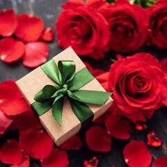 close-up shot a giftbox on romantic Valentine's Day blurred background. from above