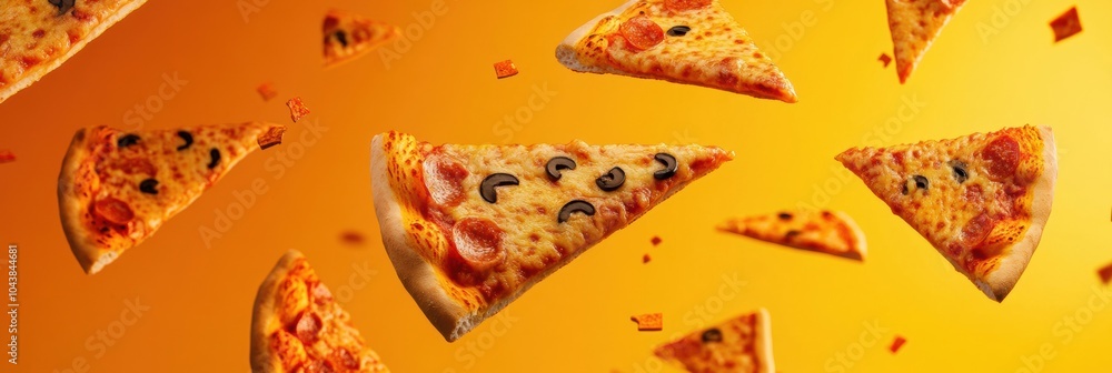 Poster large slices of pizza float through the air against a bright orange backdrop, inviting attention and