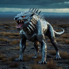 Obraz premium the sleek silhouette of a silvery darkwave-driven predator emerges. This creature is a fusion of machine and beast, its metallic scales glistening with an otherworldly sheen. The image is a hyper-real