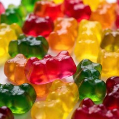 an extreme macro view of a handful of gummy bears or jelly candies. Capture the translucent texture, shiny surface, and vibrant colors of each candy in close detail.