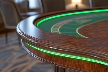 Close-up of a Casino Roulette Table with Green Neon Lights.