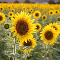 Obraz premium a sunflower in a large field, with shallow focus making the front sunflower sharply defined while the rest of the field is blurred, capturing the warm glow of dusk.