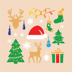 Christmas Design Elements Featuring Pine Trees, Santa Hat, Ornaments, and Winter Decor
