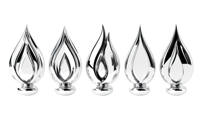 Chrome Metallic Fire Icons in Liquid Mercury Transparent Background Generative AI