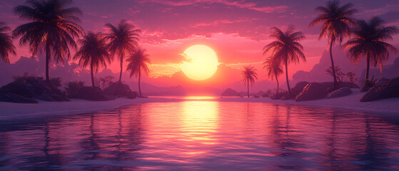 Tropical Sunset on a Pristine Beach with Palm Trees