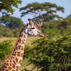 Obraz premium A medium shot of a graceful giraffe eating leaves from a tall tree, with rack focus capturing the giraffe's long neck and distinctive spots sharply while the surrounding savannah and other animals