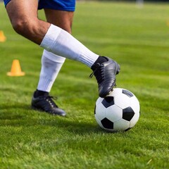 Macro shot of a soccer player's foot as it makes contact with the ball during a powerful kick, with the focus racking from the cleat to the ball. The Dutch angle adds energy to the moment