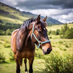 Fototapeta premium A close-up photo of a horse's eyes reflecting a scenic landscape, deep focus revealing the depth and clarity in its eyes and the faint outline of its surroundings, eye-level shot to emphasize the