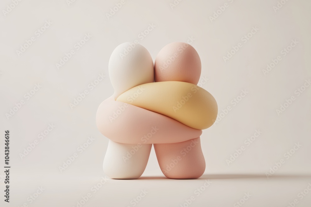 Poster abstract sculpture of intertwined figures in soft pastel colors against a minimalistic background hi