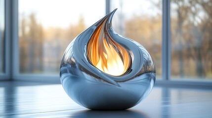 futuristic 3d rendering of a chrome metal y2k fire icon shaped like a flame embodying a liquid mercury texture creating an abstract shiny and modern design element that captivates attention