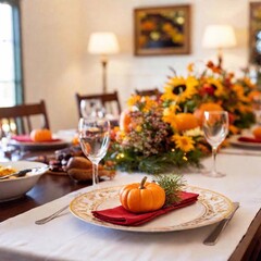 A low-angle shot of a Thanksgiving dinner table setup, captured in a medium close-up with a rack focus. The photo highlights the elegance and detail of the table, from the ornate plates to the