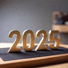 2025 New Year  poster displayed in a long shot, captured with rack focus at eye level. The foreground elements are in sharp focus while the background blurs gently, highlighting motivational text and