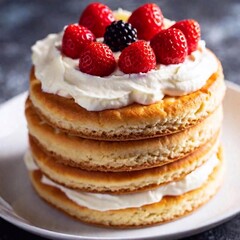 A close-up from above of a layered strawberry shortcake with fresh berries and whipped cream, with the cake in sharp focus and the background softly blurred, highlighting the dessert's freshness and