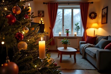 Obraz premium Christmas tree decorated with candles in a cozy German living room, warm festive atmosphere, holiday decorations and lights, blurred background, copy space to the right