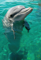 Close shot of a bottlenose dolphin with its head above clear water, standing on its tail. 