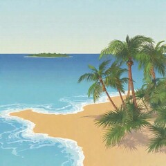 Tropical Island with Palm Trees (Vector): An extreme wide shot from an aerial perspective, using a focus pull effect to transition from the detailed vector illustration of the island's palm trees to