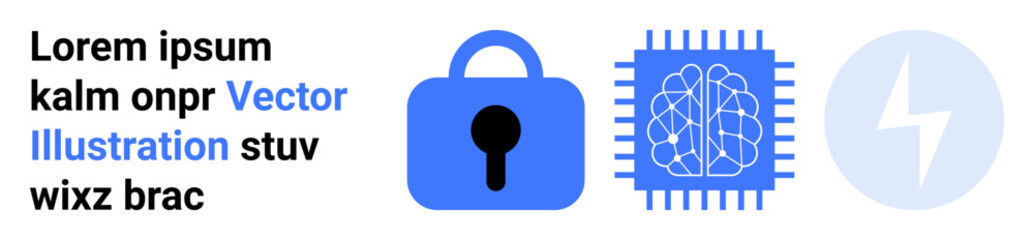 Blue lock, brain integrated circuit, and lightning bolt in circles. Ideal for cybersecurity, artificial intelligence, data protection, technology, and innovation themes. Banner for landing page