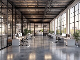 Modern office interior with large windows and industrial design elements.