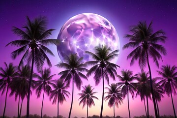 Obraz premium Purple background with palm trees and full moon