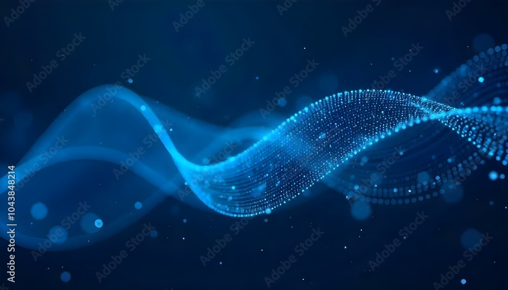 Poster Wave of dots and weave lines. Abstract blue background for design on the topic of cyberspace, big data, and metaverse, on dark blue abstract cyberspace background. Network  security Wave of dots 