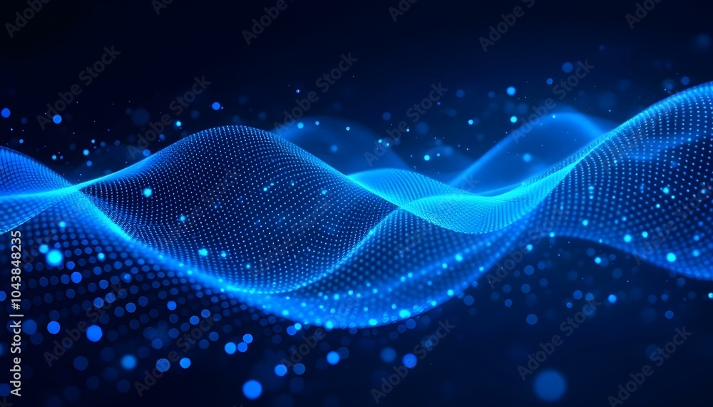 Poster Wave of dots and weave lines. Abstract blue background for design on the topic of cyberspace, big data, and metaverse, on dark blue abstract cyberspace background. Network  security Wave of dots 