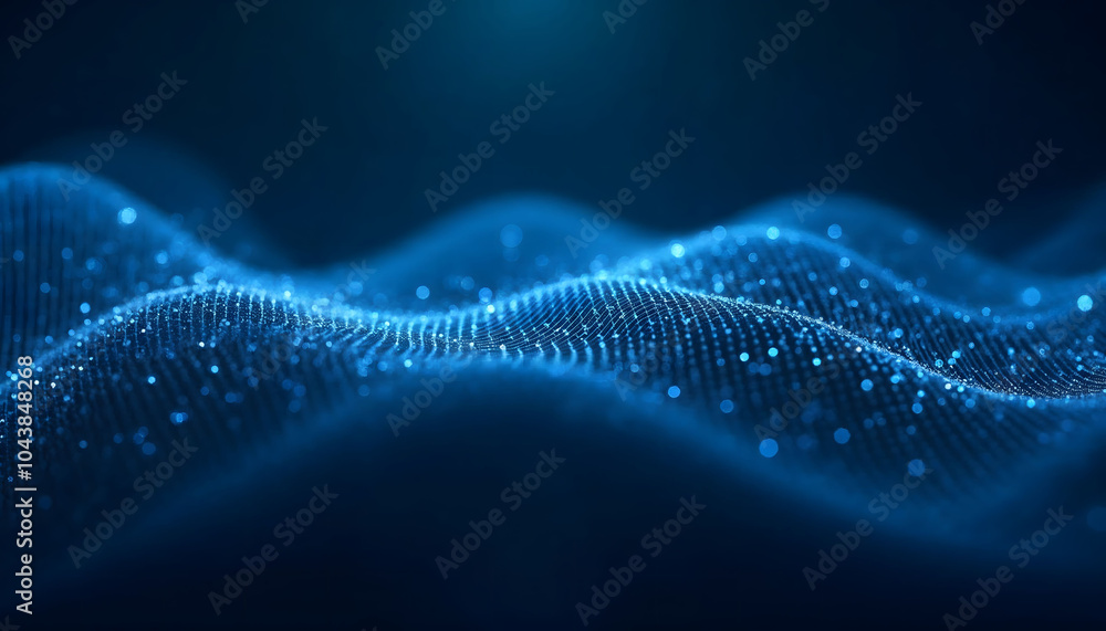 Poster Wave of dots and weave lines. Abstract blue background for design on the topic of cyberspace, big data, and metaverse, on dark blue abstract cyberspace background. Network  security Wave of dots 