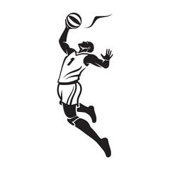 A basketball player soars into the air, preparing to dunk the ball. Vector illustration. AI generated.