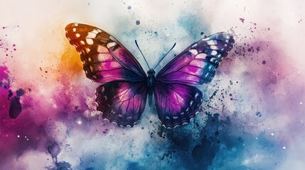 A vibrant watercolor illustration of a purple butterfly with delicate wings, showcasing beautiful artistic details and colors.