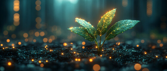 Glowing Green Plant Sprouting in the Dark Forest