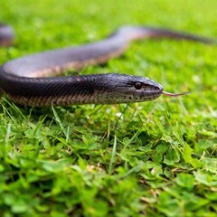 Fototapeta premium close-up of a snake slithering through the grass, with its forked tongue flicking out to taste the air, and vibrant green blades of grass framing the scene in soft focus